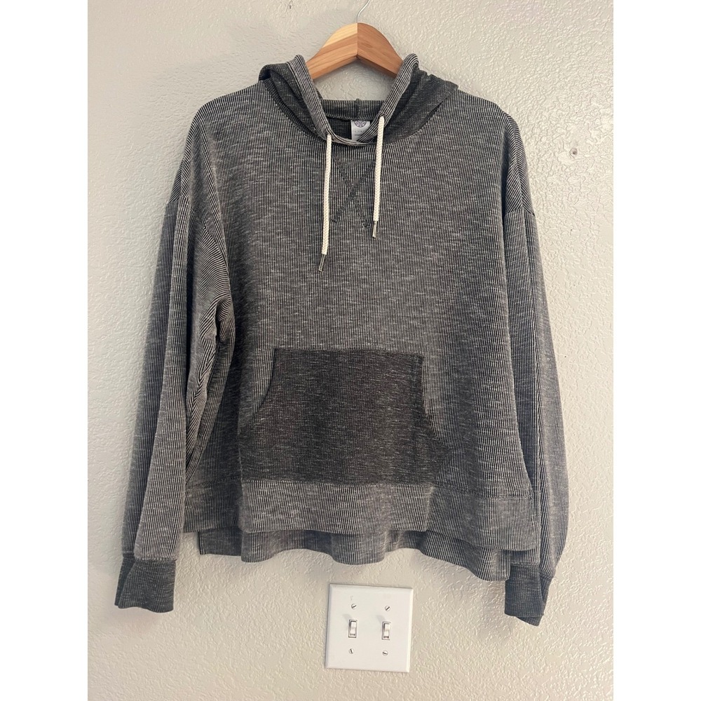 Te Verde Womens XL Striped Hoodie Gray White Ribbed Pullover Kangaroo Pocket